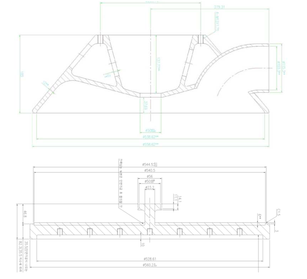 연소기헤드 Dome 단품도와 base plate 맞춤 가공 설계도