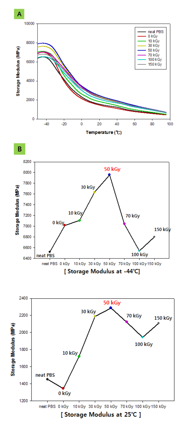 DMA results of neat PBS and electron beam irradiated PBS films; (a) storage modulus curves, (b) storage modulus results at -44℃ and 25℃ .