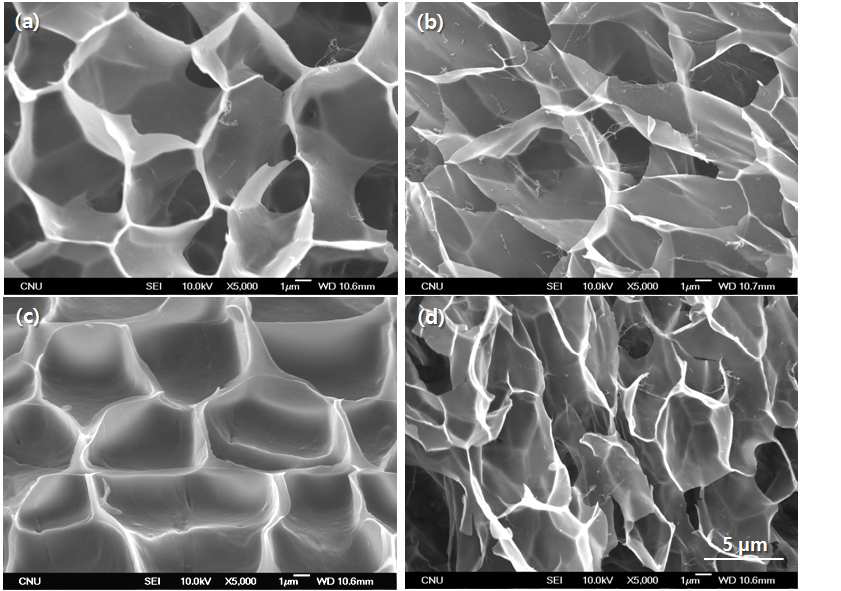 SEM images of SF hydrogel, effect of the SF solution concentration: (a) 2.3%, (b) 3.3%, (c) 4.5%, (d) 6.6%.