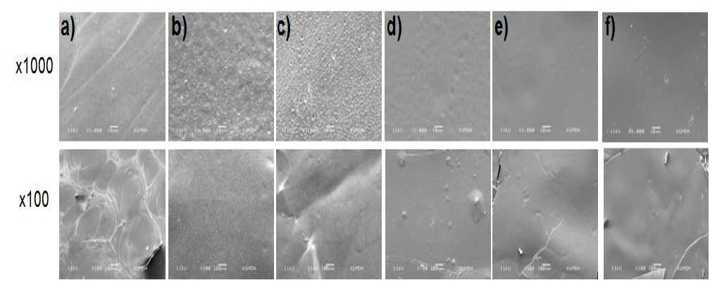 SEM micrographs of water vapor treated 80% SF/PLGA films: a) 0 kGy; b) 100 kGy; c)150 kGy; d) 200 kGy; e) 250 kGy; and f) 300 kGy, respectively.