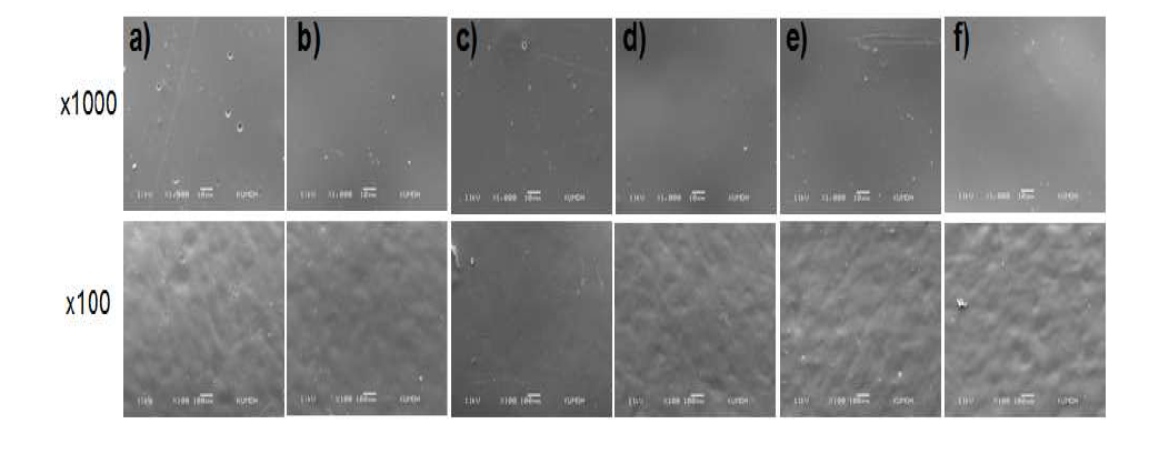 SEM micrographs of water vapor untreated 100% SF films: a) 0 kGy; b) 100 kGy; c)150 kGy; d) 200 kGy; e) 250 kGy; and f) 300 kGy, respectively.