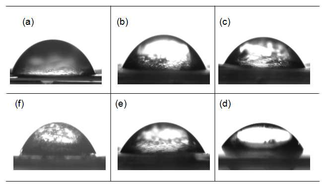 Water contact angle measurement of (a) 0 kGy water vapor treated 100%?SF film; (b) 100 kGy; (c) 150 kGy; (d) 200 kGy; (e) 250 kGy and (F) 300 kGy, respectively.