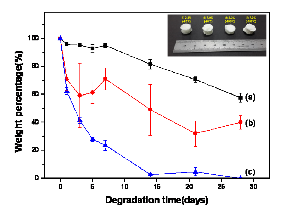 In vitro degradation rate of SF hydrogels; (a) control, (b) 2.3% p-gel, (c) 2.3% c-gel.