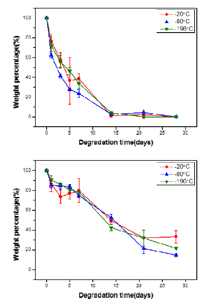 Effect of pore size on degradation rate of SF hydrogels; (a) -20℃ , (b) -80℃ , (c) -196℃ pre-freezing temperature.