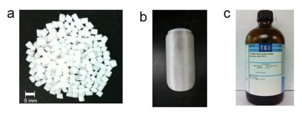 The materials used in the present work (a: PBS pellets, b: silk fibroin bobbin, c: TAIC).