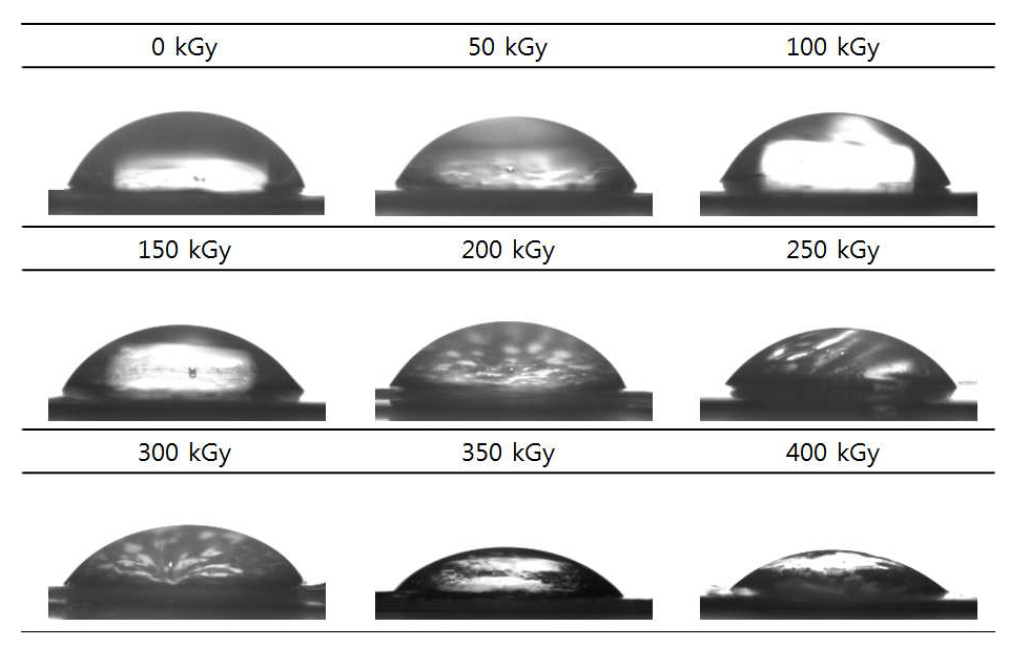 Water contact angle measurement of (a) 0 kGy water vapor treated 100% SF/PLGA film.