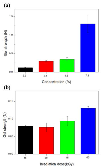 Compressive strength of SF C-gel using texturemeter; effect of (a) SF concentration (at 60 kGy), (b) irradiation dose (2.3% concentration).