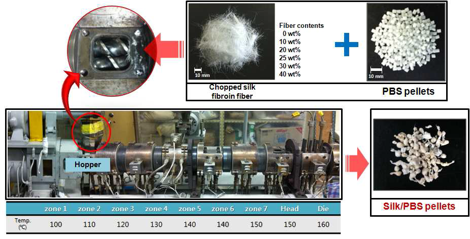 Fabrication process of silk/PBS pellet by extrusion technique.