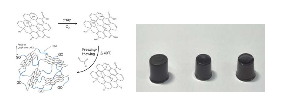 산화 그래핀을 이용한 하이드로겔 합성 메커니즘(왼쪽), 다른 농도로 합 성된 산화그래핀/PAA 하이드로겔23).