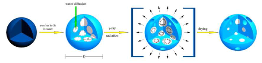 감마선을 이용한 다공성 나노입자의 제조 모식도35)37)
