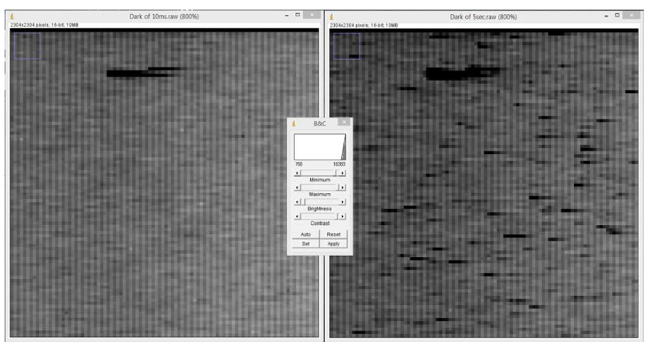 Horizontal 노이즈를 확인할 수 있는 확대 이미지. (왼쪽) 10ms dark image (오른쪽) 5s dark image