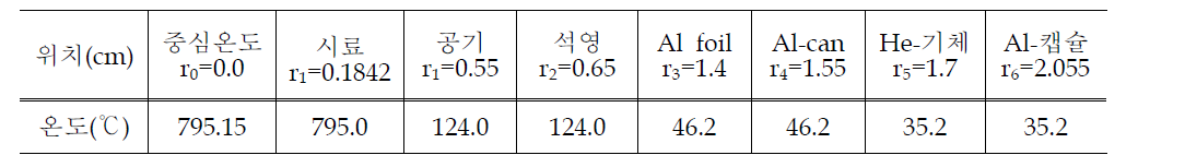 Yb O 표적 조사에 따른 용기내 온도 분포