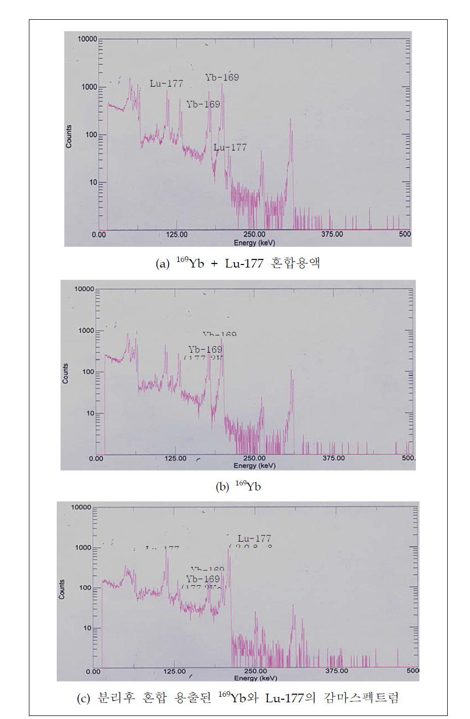 혼합 및 분리 용액의 MCA 분석결과