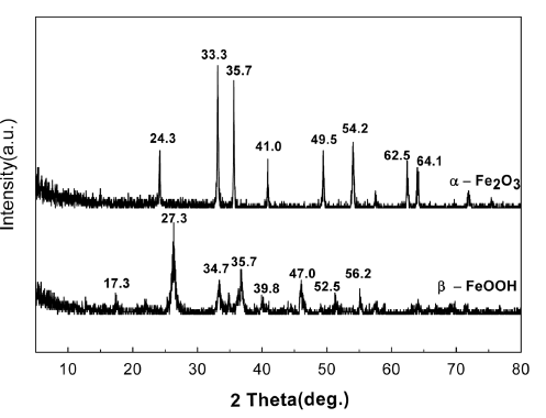 X-ray diffraction (XRD)를 통해선 얻은 α-Fe3O4와 β-FeOOH의 스펙 트럼
