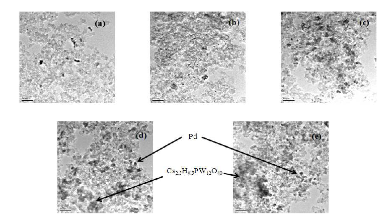 Pd/XCs2.5H0.5PW12O40/ACA 촉매의 TEM 이미지, (a) X=10, (b) X=20, (c) X=30, (d) X=40, 그리고 (e) X=50