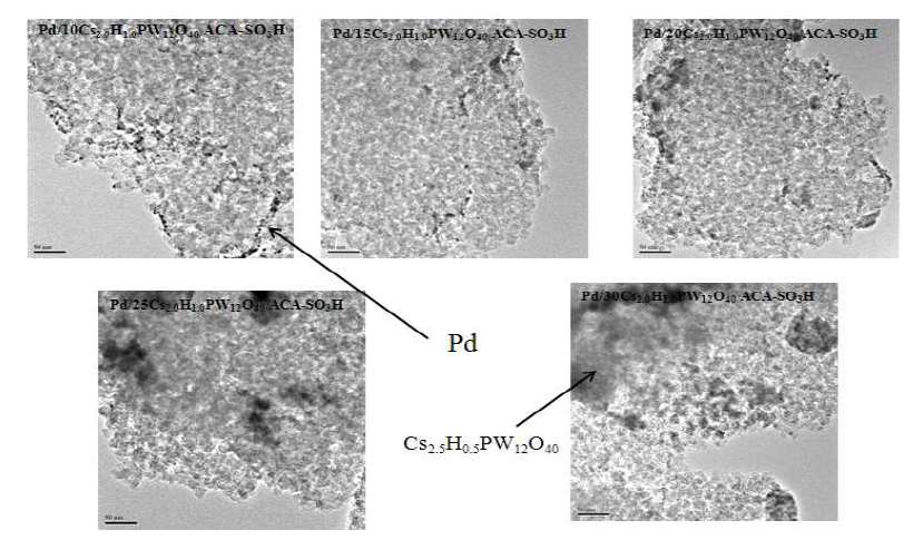 Pd/XCs2.5H0.5PW12O40/ACA-SO3H 촉매의 TEM 이미지