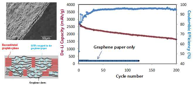 Si-그래핀 필름 복합체의 SEM사진 및 구조개형도 및 충/방전 사이클 특성.