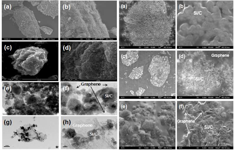 (a,b) Si/C-IWGN-3 및 (c,d) Si/C-IWGN-6 복합체의 SEM 사진, (e,f) Si/C-IWGN-3 및 (g,h) Si/C-IWGN-6 복합체의 TEM 사진(왼쪽열); 입자단면의 SEM 사진(오른쪽열); (a,b)Si/C, (c,d) Si/C-IWGN-3 및 (e,f) Si/C-IWGN-6.