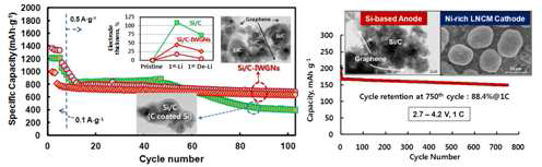 Si/C-IWGN 음극활물질의 half-cell 및 full-cell 사이클 특성.
