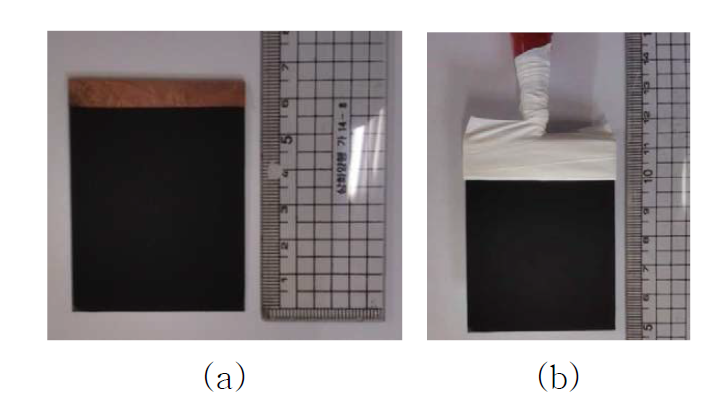 Photographs of (a) carbon black electrode (5cm×5cm) contacted with Cu foil and (b) contact part protected by Teflon sealing tape.