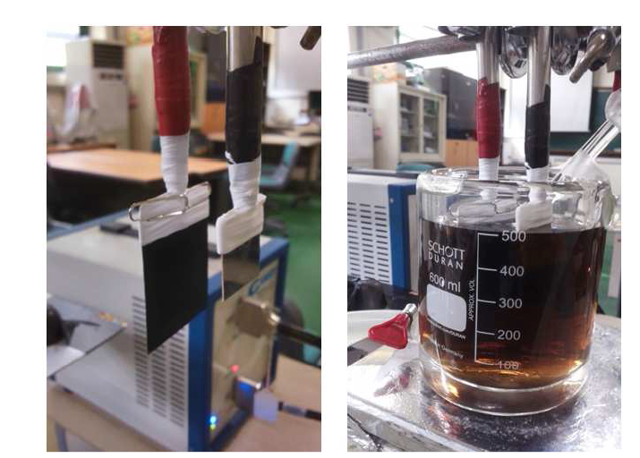 Photographs of carbon black electrode and Pt count electrode set up in Pt colloid bath.
