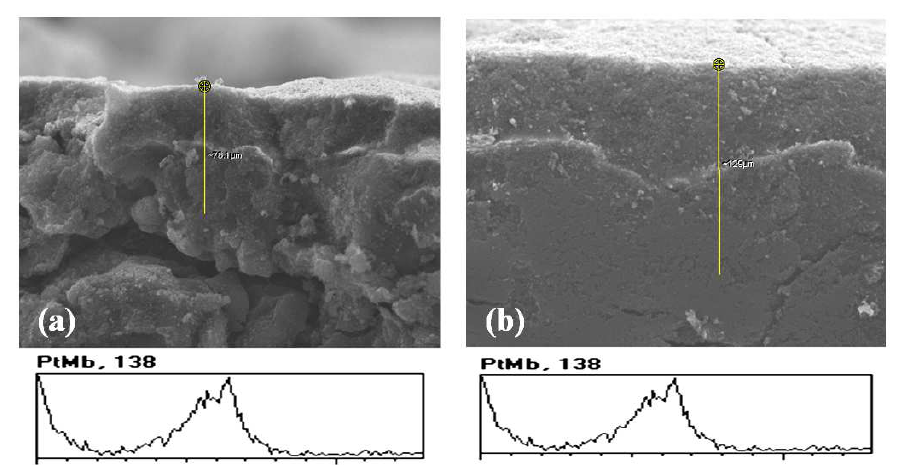 SEM cross-section images of Pt/C electrodes with double catalyst layers prepared by electrophoresis method without and with press treatment before 2nd Pt loading; (a) without press, (b) with press.