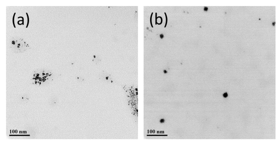 TEM images of Pd-Pt core-shell NPs with different volumes of Pt precursor when the volume of Pd precousor is 2 mL and the mole of Pt precursor is 5 mM. (a) 1mL, (b) 2 mL.