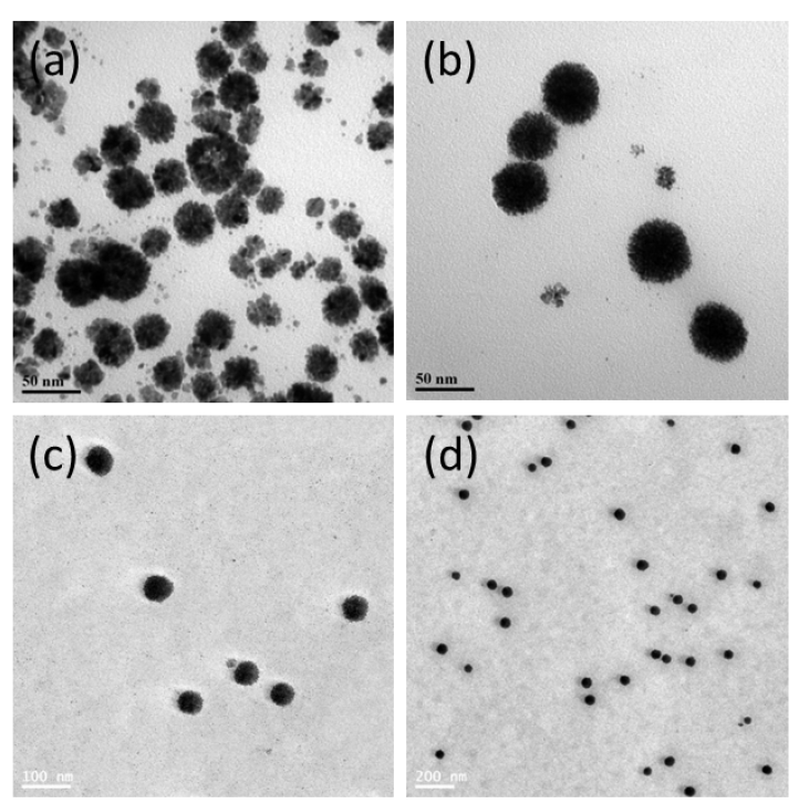 TEM images of Pd-Pt core-shell NPs with different volumes of Pt precursor when the volume of Pd precousor is 2 mL and the mole of Pt precursor is 10 mM. (a)1 mL, (b-d) 2 mL (different magnifications).