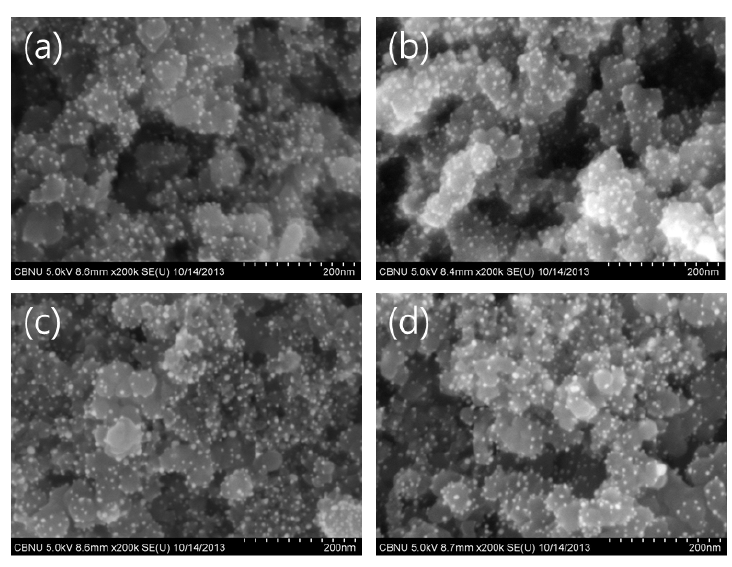 FESEM images of Au/C electrodes prepared by electrophoresis method at different deposition time (Au size: 5-8 nm) (a) 1 min, (b) 3 min, (c) 5 min, (d) 10 min.