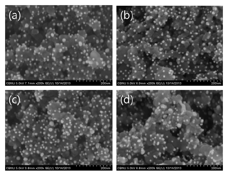 FESEM images of Au/C electrodes prepared by electrophoresis method at different deposition time (Au size: 15-20 nm) (a) 1 min, (b) 3 min, (c) 5 min, (d) 10 min.