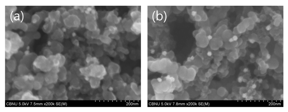 FESEM images of Au-Ptcore-shell/C electrodes prepared by electrophoresis method at different deposition time (Au core size: 5-8 nm) (a) 10 min, (b) 20 min.
