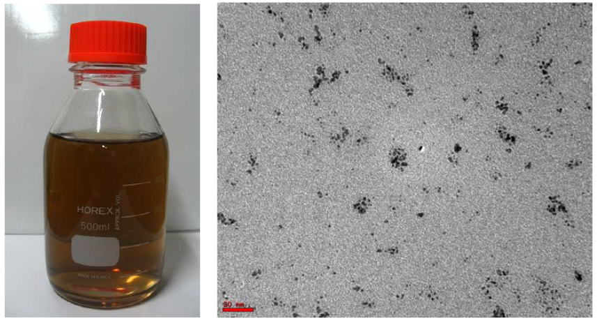 Pt colloid solution and TEM image (Pt size ; 4-5 nm)