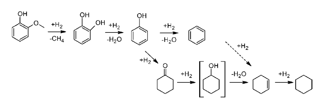 N. Dupassieux 교수팀이 제안한 CoMo/γ-Al2O3 촉매상에서 구아이아콜의 수첨탈산소 반응 경로.