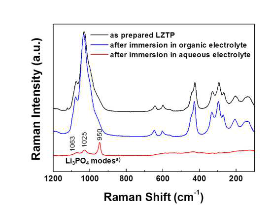 유, 수계 전해질에 노출된 뒤의 LiZr1.9Ti0.1(PO4)3에 대한 Raman 분석