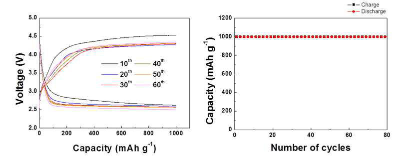 CNT fibril을 사용하여 용량을 1,000 mAh/g 으로 제한하였을 때 리튬-공기 셀의 사이클 수명