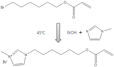 Reaction scheme for synthesis of 6-(acryloyloxy)hexyl)-imidazolium bromide