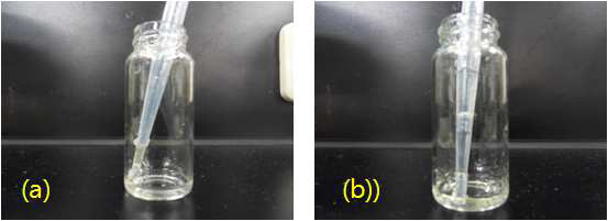 Photos of ionic liquid monomers after titration with silver chloride. (a) tetrafluoroborate anion (b)hexafluorophosphate anion