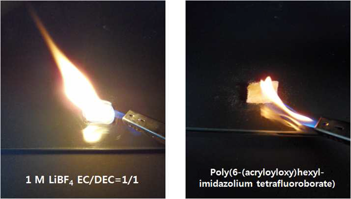 Images of flammability test for liquid electrolyte (left) and ionic liquid polymer (right)