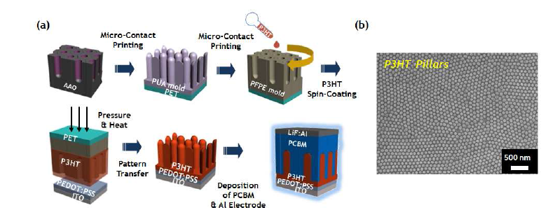 (a) 중성자산란에 기반한 나노구조 분석을 위한 모델 시스템 제작 과정 및 (b) 두 차례의 Microcontact Printing을 통해 얻은P3HT 나노기둥의 전자주사현미경 사진