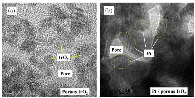 (a) porous IrO2 (b) Pt/ Porous IrO2 의 TEM 사진