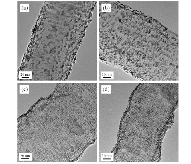 비파괴 표면 처리법이 적용된 결정성 탄소인 탄소나노섬유 (CNF)에 백금을 담지한 전자현미경 이미지 : (a) Pt/raw-CNF, (b) Pt/BM-CNF, (c) Pt/AP-CNF, (d) Pt/PCA-CNF