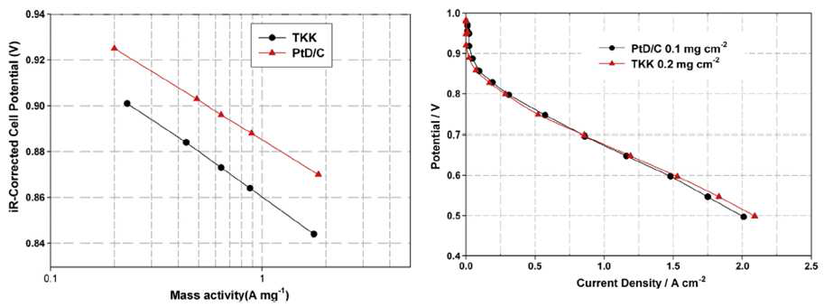 TKK Pt/C 촉매와 Pt dendrite/C 촉매의 mass activity 및 성능 비교