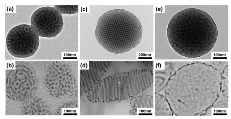 AR이 조절된 나노라드 계면활성제를 이용하여 제작한 블록공중합체 입자의 TEM 및 cross-sectional TEM 이미지 ((a),(b) AR=1,(c),(d) AR=6, (e),(f) AR=15)