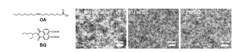 ZnO 나노입자의 계면활성제 분자식과 계면활성제에 따른 고분자-나노입자 혼합 박막 TEM 이미지