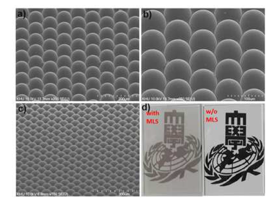 완성된 고분자 MLA 필름 SEM 이미지(a, b, c)와 실제 사진.