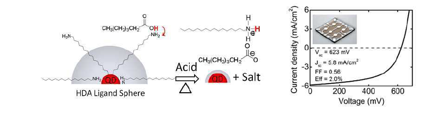 hexanoic acid를 통한 나노입자 표면 처리의 개념도 및 이를 이용한 태양전지의전류-전압 곡선