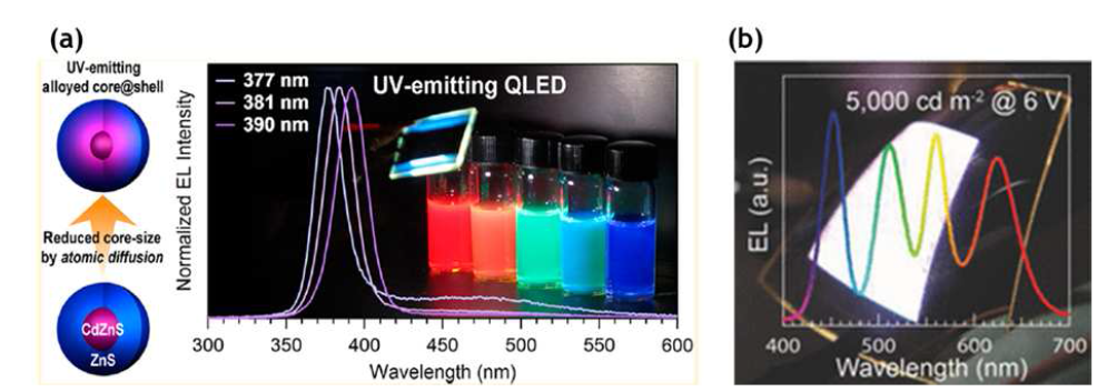 (a) UV-QLED 합성 전략, 및 소자 시연 사진, (b) 제작된 백색 QLED와 이의 전계발광 스팩드럼