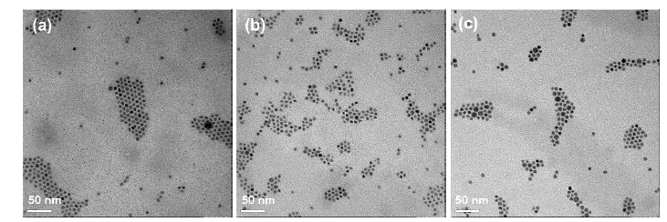 반응 시간에 따른 PbS 나노입자의 TEM 사진. (a) 지름: 4.9 nm, (b) 지름 5.2 nm, (c) 지름 6.1 nm.