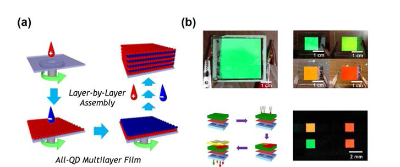 (a) 양자점 다층박막 공정의 모식도 및 (b) 다양한 색상의 대면적 양자점 다층박막 발광소자 및 패턴화된 소자의 사진