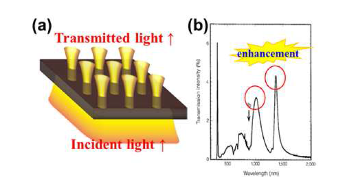 (a) 금속나노 투명전극의 구멍을 통과하는 빛의 모식도 (b) NIR영역의 빛의 투과도가 증가함을 보여주는 그래프